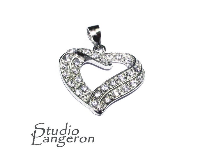 925 sterling silver large Floating Heart Pendant with crystals, Jewelry making, pendant silver, Valentine's Day, Heart Pendant - 1 piece