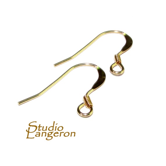 14K Yellow Solid Gold Ear Wire Flat With Coil, Solid Gold Earrings