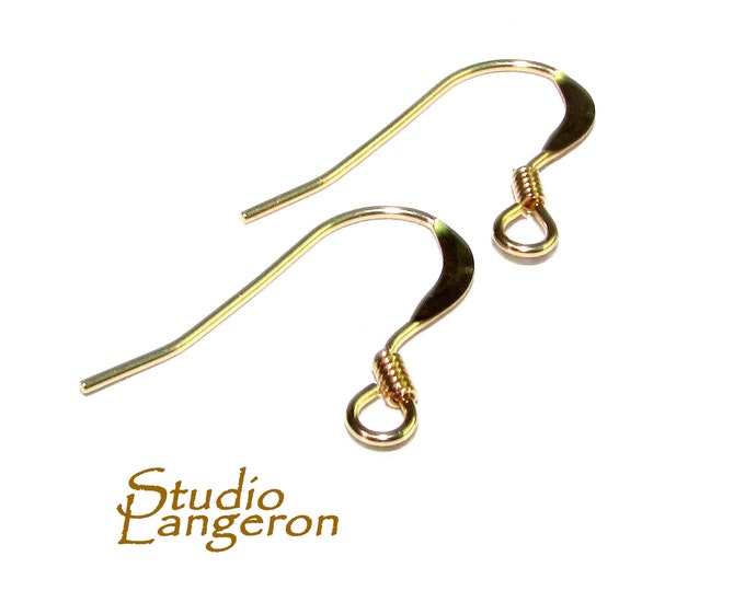 14K Yellow Solid Gold Ear Wire Flat with Coil, Solid gold earrings, Jewelry making, 14K Solid gold, Earring components - 1 pair (2 pieces)