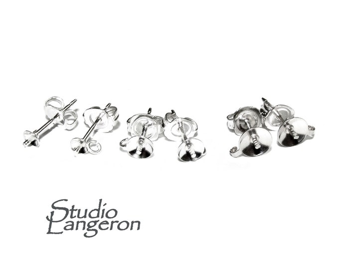 925 Sterling Silver Pearl Post Earring Mountings with open ring size 3, 4, 5 mm with Earring Backs, Jewelry making - 1 pair (2 piece)