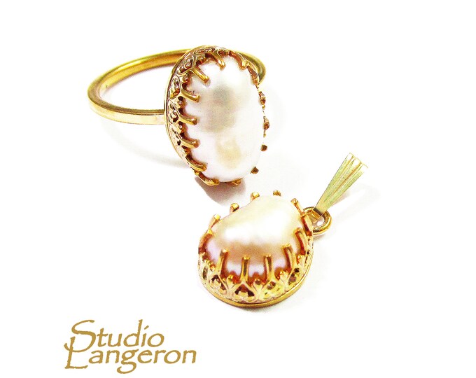 14K Gold Filled handmade set ring size 7 and pendant with baroque pearls, Gold filled ring, single copy, baroque pearls, gold filled ring