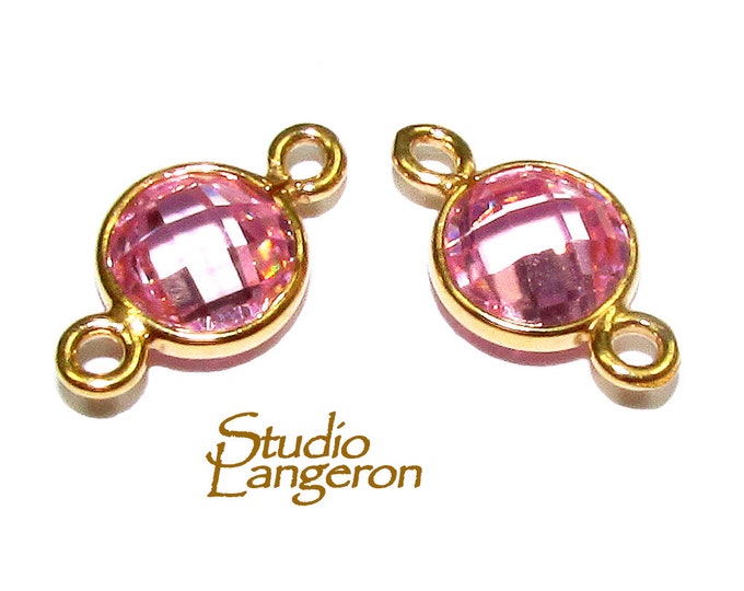 14K Gold Filled Checkerboard Pink Topaz  Round Link Connector size 12x7 mm, Pink Topaz, gold filled link, Jewelry making - 1 piece