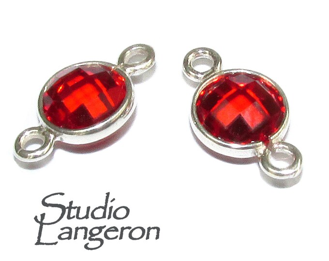 925 Sterling Silver Checkerboard Garnet Round Link Connector size 12x7 mm, Garnet silver link, Jewelry making, link connector - 1 piece