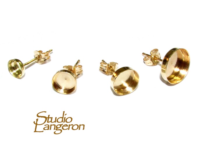 14K Solid Gold Earrings Post With bezel cup size 4, 5, 6, 8 mm Earring Backs Included, Jewelry making, earring component - 1 pair (2 pieces)