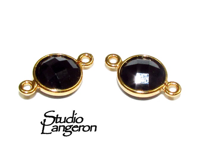 14K Gold Filled Checkerboard black onyx Round Link Connector size 12x7 mm, Jewelry making, black onyx, Link connector, Connector - 1 piece