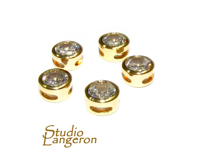 14K yellow gold filled decorative round beads with white topaz size 6.2x3.8 mm, Jewelry making, Gold filled beads, white topaz - 1 piece