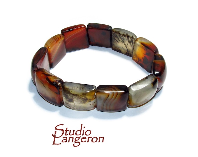 Natural Stone Madagascar Agate Square Beads Bracelets, Faceted Rectangle Strand Bangle For Men, Women, Gemstone, Jewelry Gifts, Agate