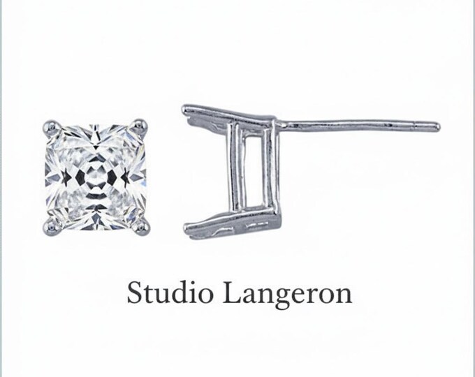 925 Sterling Silver Emerald-Cut blank earrings with 4-Prong Setting, Earring Post, Jewelry making, Setting - 1 pair (2 piece)