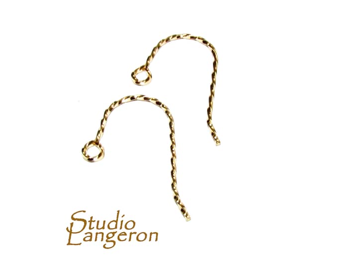 14K Yellow solid gold Large Fancy Twisted Hook Wire, Solid gold earrings, Jewelry making, 14K gold, Earring components - 1 pair (2 pieces)