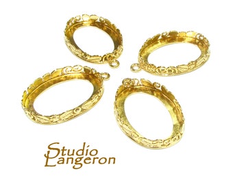 May include: Four gold oval-shaped metal frames with ornate detailing. The frames have a loop at the top for hanging.