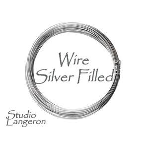 Può includere: Una bobina di filo riempito d'argento, avvolta strettamente. Il testo "Wire Silver Filled" è visualizzato in grigio, con un carattere scritto a mano. Il logo Studio Langeron si trova in basso a sinistra, su sfondo bianco.