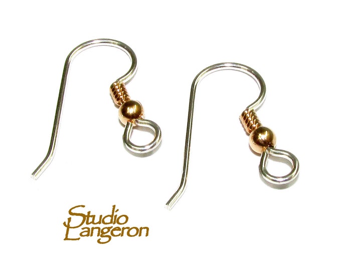 925 Sterling Silver Ear Wire with Loop and Yellow Gold Filled Bead and Coil, Silver earring, Gold filled, Jewelry making - 1 pair (2 pieces)