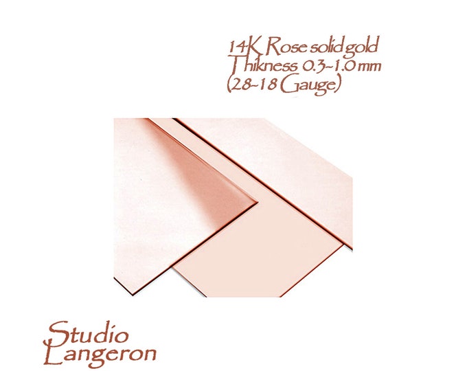 14K Solid Rose gold sheets Thickness from 0.2 to 1.0 mm size 70x2.5, 70x5.0 mm, Jewelry making, 14K solid Gold, Rose gold Sheets - 1 piece