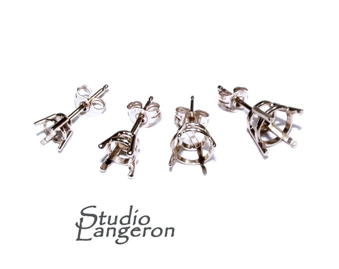 14K White solid Gold blank earrings with 4-prong Settings size 3.0-7.0 mm, Jewelry making, Base earrings, Prong Setting  - 1 pair (2 pieces)