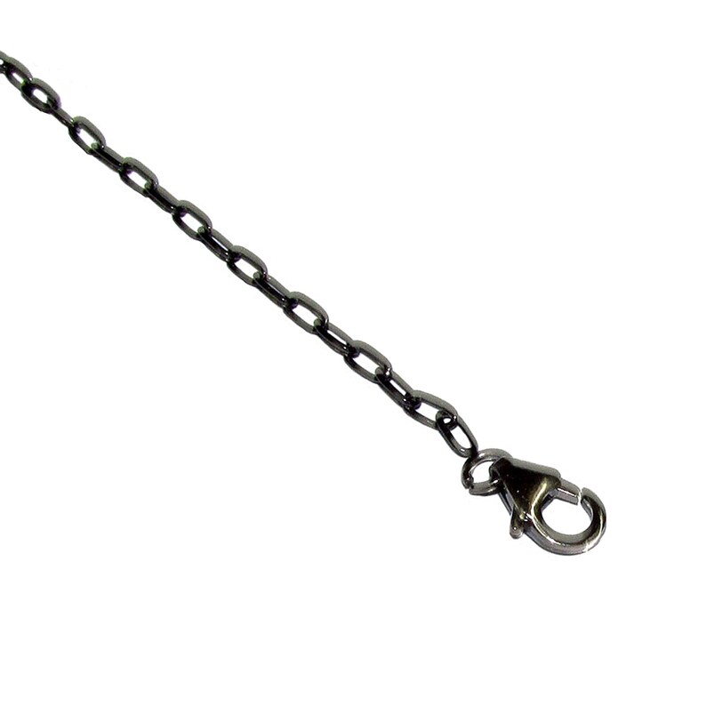 May include: A dark gray metal chain with oval links and a lobster clasp. The chain is angled across a white background, showcasing its sleek design and metallic finish. Ideal for jewelry making or as a decorative element.