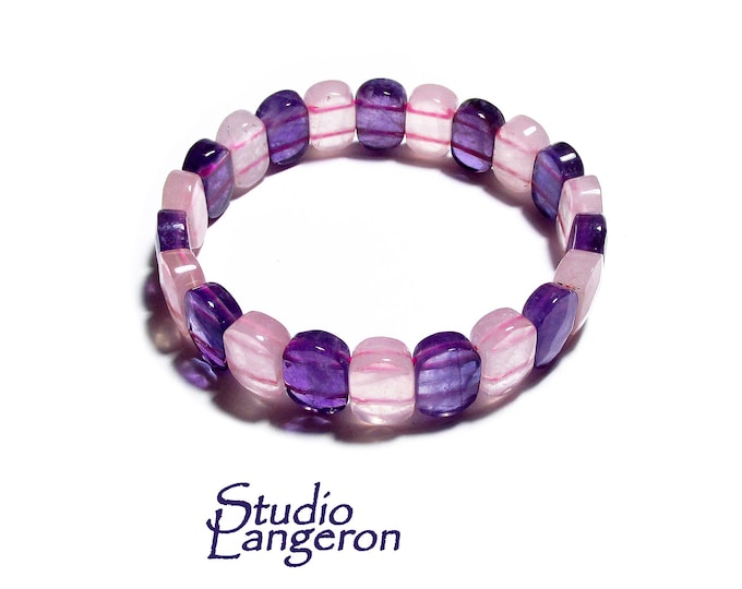 Natural Stone Amethyst & Rose Quartz Square Beads Bracelets, Faceted Rectangle Strand Bangle For Women, Gemstone, Jewelry Gifts, Amethyst