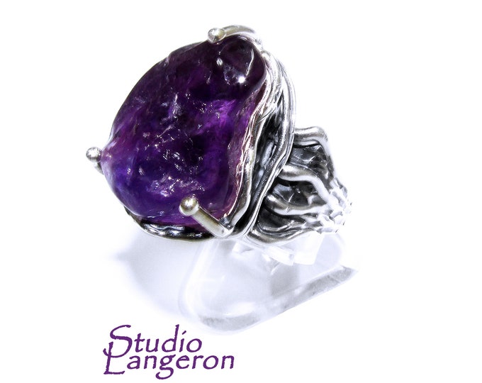 Statement amethyst ring 925 sterling silver size 8, Handmade ring, single copy, 925 sterling silver, Natural amethyst, silver ring, gemstone