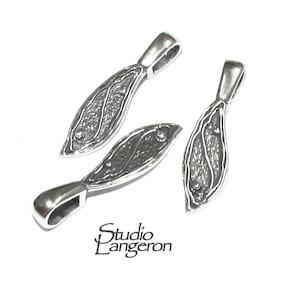 May include: Three silver leaf-shaped pendant charms with a textured surface and a loop at the top for attaching to a necklace or bracelet.