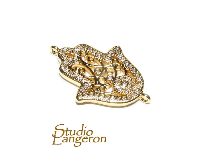 14K Gold filled large connector hamsa with crystals size 21x17 mm, gold filled link, Jewelry making, Jewelry link connector hamsa - 1 piece