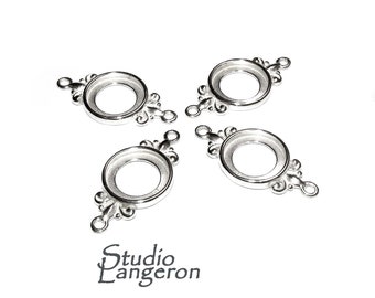 925 Sterling Silver 12mm Round Fleur-de-Lis Link Component Mounting, connector silver, base bracelet, bezel cup, Jewelry making - 1 piece