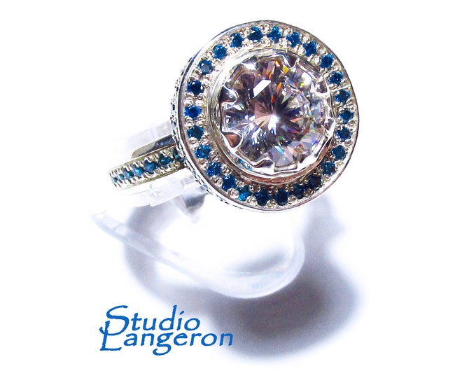 Statement White topaz and sapphires ring 925 sterling silver size 8 1/2, Handmade ring, Sterling silver, White topaz, sapphires gemstone