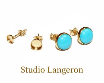 14K Solid Gold Earrings Post With bezel cup size 4, 5, 6, 8 mm Earring Backs Included, Jewelry making, earring component - 1 pair (2 pieces)