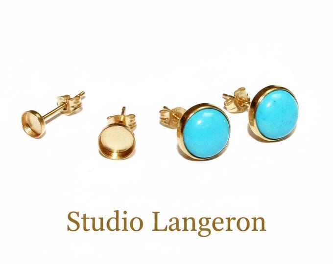 14K Solid Gold Earrings Post With bezel cup size 4, 5, 6, 8 mm Earring Backs Included, Jewelry making, earring component - 1 pair (2 pieces)