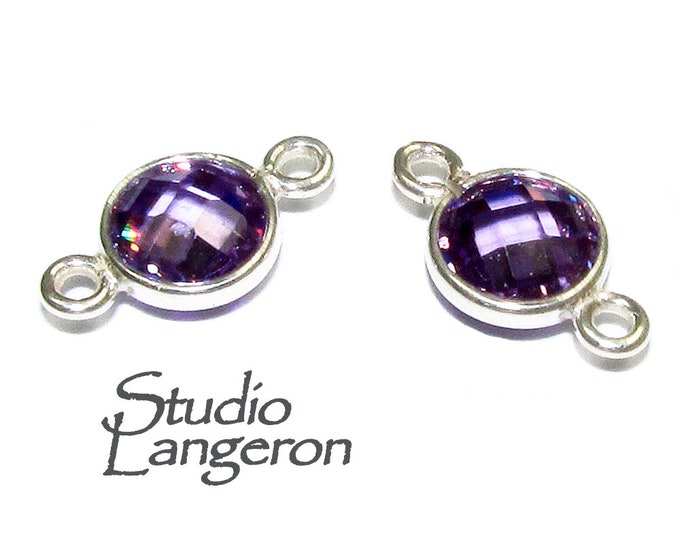 925 Sterling Silver Checkerboard Amethyst Round Link Connector size 12x7 mm, Amethyst silver link connector, Jewelry making - 1 piece