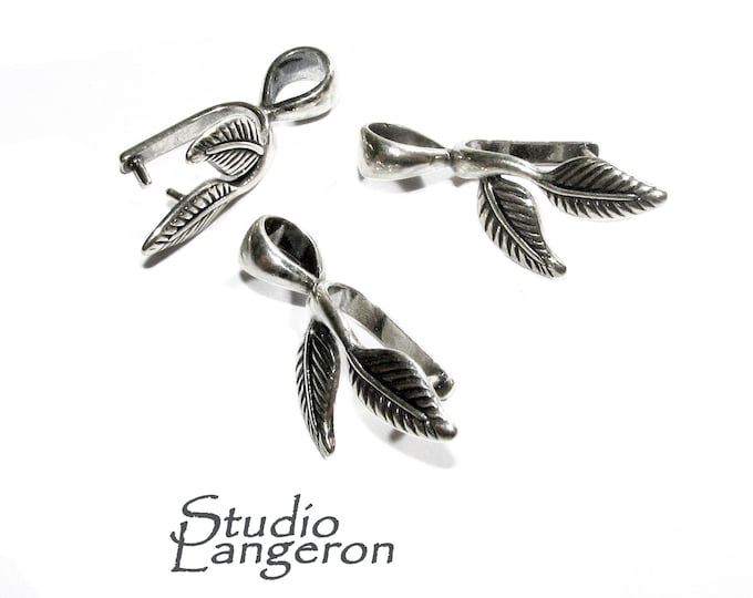 925 Sterling silver Leaf Double Pinch Large Pendant Bail with Ring, Silver Bail, Bail findings, Jewelry making, bail for pendant - 1 piece