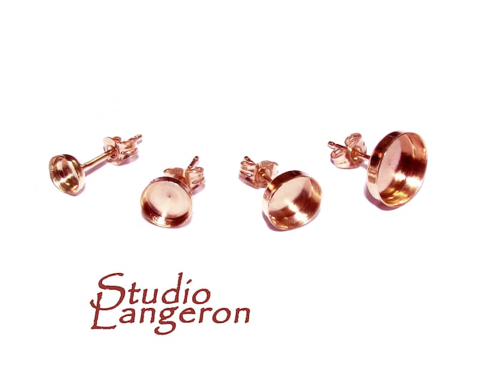 14K Solid Rose Gold Earrings Post With bezel cup size 3, 4, 5, 6, 8, 10 mm, Jewelry making, Bezel cups, Blank earrings - 1 pair (2 pieces)
