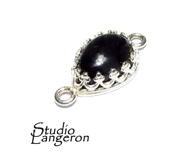 925 Sterling Silver natural Black onyx pear Connector size 18x8.5 mm, Natural Black onyx silver link, Jewelry making, Connector - 1 piece