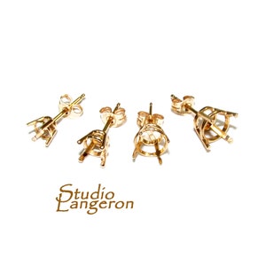14K Yellow Gold blank earrings with 4-Prong Settings size 3.5, 4, 4.5, 5, 6, 6.5 mm, Jewelry making, Base earrings - 1 pair (2 pieces)