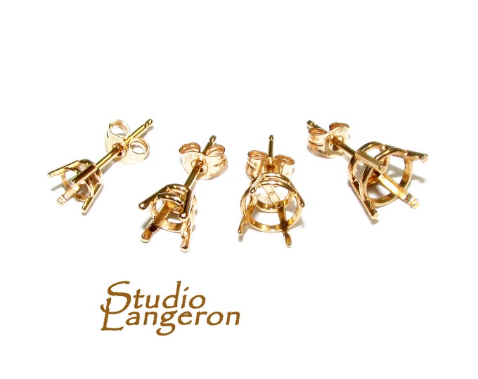 14K Yellow Gold blank earrings with 4-Prong Settings size 3.5, 4, 4.5, 5, 6, 6.5 mm, Jewelry making, Base earrings - 1 pair (2 pieces)