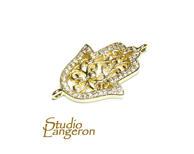 14K Gold filled large connector hamsa with crystals size 21x17 mm, gold filled link, Jewelry making, Jewelry link connector hamsa - 1 piece