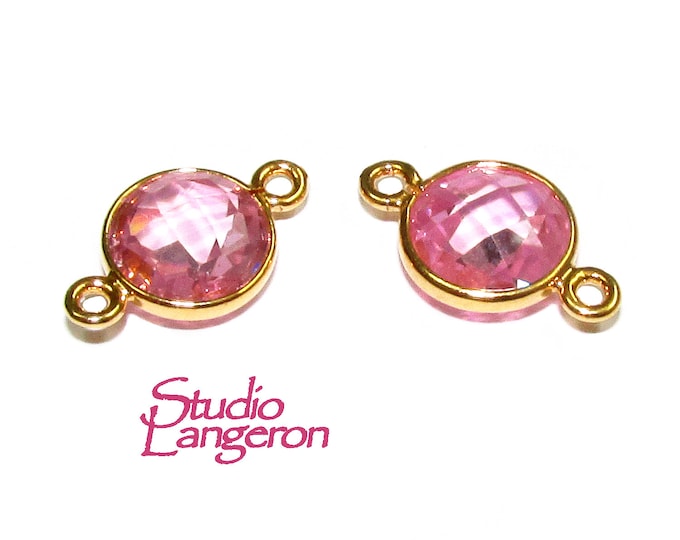14K Gold Filled Checkerboard Pink Topaz Round Link Connector size 15x9 mm, Pink Topaz, gold filled, Link connector, Jewelry making - 1 piece