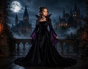 May include: A floor-length black velvet gown featuring a high collar, long sleeves with flared purple cuffs, and a fitted bodice. The dress has a square neckline and a full, flowing skirt that pools on the ground, worn with a dark choker necklace.