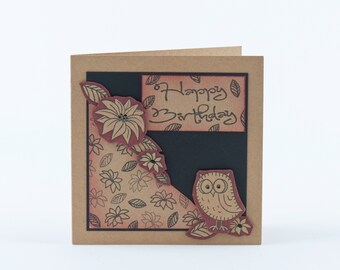 Owl Birthday Card, Hand made kraft card