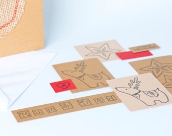 Make your own Christmas Card, Craft kit, Kraft Card, Burlap Christmas Card, Cardmaking for grown ups, handstamped reindeer, Scrapbooking