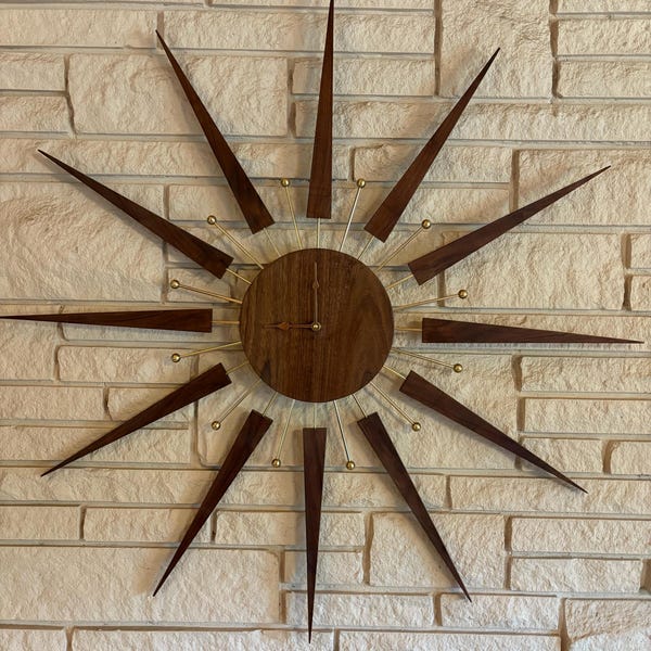 Giant Walnut Starburst Clock – 42 Inch Handmade Wall Art