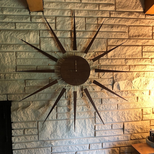 Super Giant Walnut Starburst Clock, hand crafted , mid-century wall clock, retro