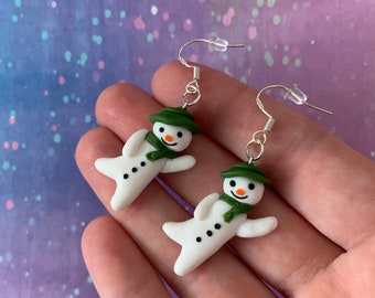 Handmade Polymer Clay Snowman Earrings, Sterling Silver Hooks