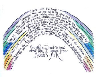 Noah’s Ark calligraphy print with colored pencil