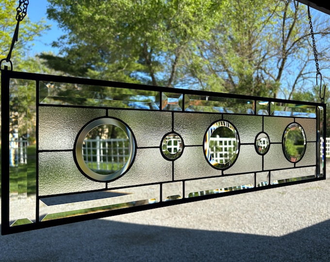 HoneyDewGlass Beveled Circles Stained Glass Panel, 8.5" X 31.5",