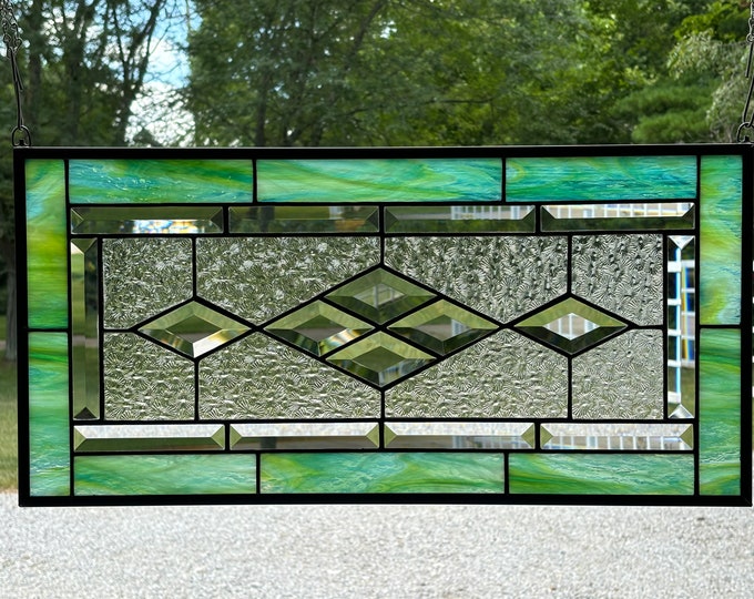 HoneyDewGlass Aqua and Lime Diamond Stained Glass Panel, 11.5" X 23.5"