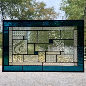 HoneyDewGlass Smokey Blue Geometric Stained Glass Panel , 14.5" X 22.5"