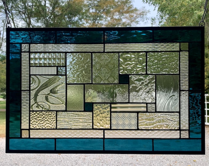 HoneyDewGlass Smokey Blue Geometric Stained Glass Panel , 14.5" X 22.5"
