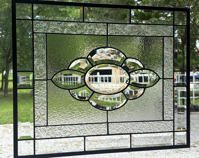 Clear Flower Bevel Cluster Stained Glass Panel | 18.75" x 22.75" | Honey Dew Glass