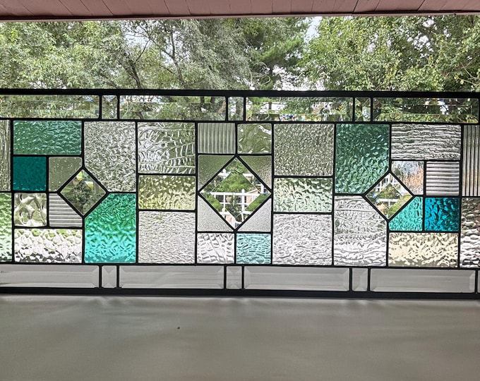 Coastal Geometric Stained Glass Panel, Aqua & Seafoam with Clear Textured Glass and Bevels, 11.5" x 30.5" | Honey Dew Glass