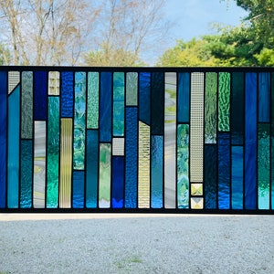 HoneyDewGlass Blue Strips Stained Glass Panel  10.5" X 23"