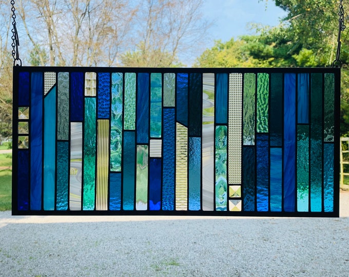 HoneyDewGlass Blue Strips Stained Glass Panel  10.5" X 23"